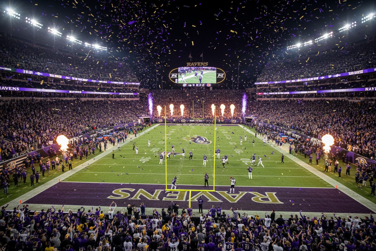 Purple and gold confetti falls over a packed football stadium during a night game celebration.
